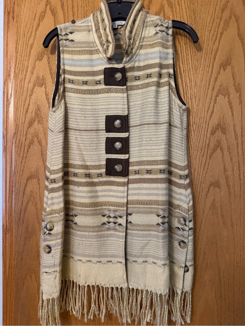John Mark Women's Cream, Brown and Periwinkle Fringe Vest Dress Small